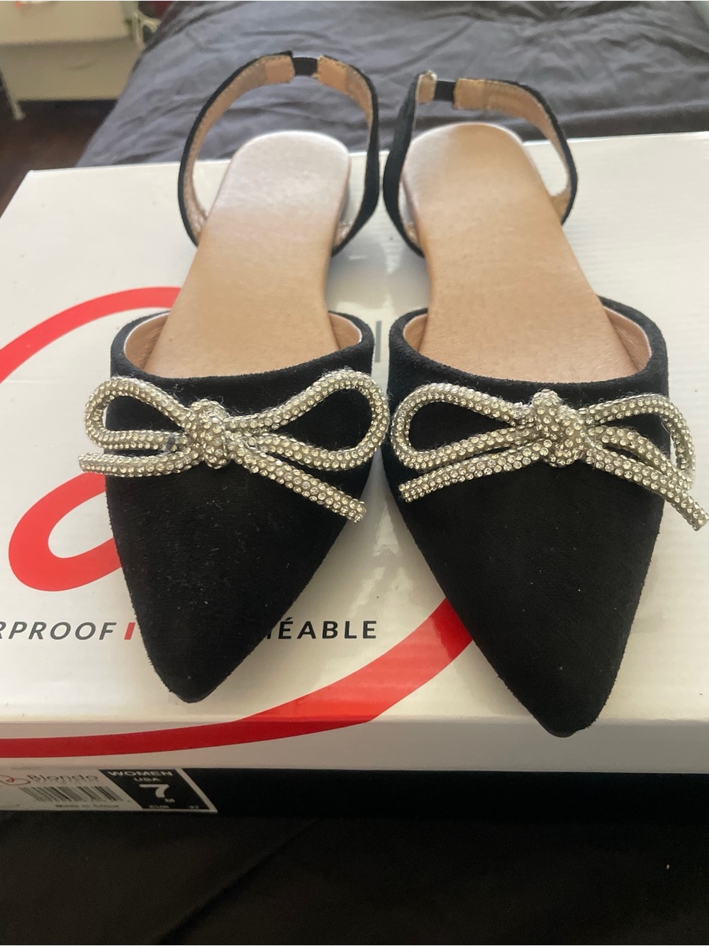 Black Pointed Toe Slingback Flats with Crystal Bow